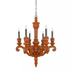 Fos Lighting Chandlier Light Hand-Carved Wooden 6 Light Brown Finish 40 W-picture-33