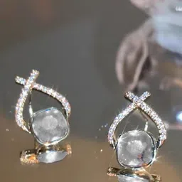 Krelin Gold-Plated Cubic Zirconia Studded Contemporary Shaped Drop Earrings-image-18