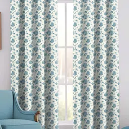 Trance Home Linen White & Teal Blue 2 Pieces Floral Printed Cotton Door Curtains-image-60