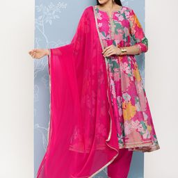 Bhama Couture Floral Printed Regular Zardozi Kurta with Palazzos & With Dupatta image 3