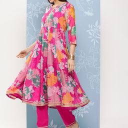 Bhama Couture Floral Printed Regular Zardozi Kurta with Palazzos & With Dupatta image 4