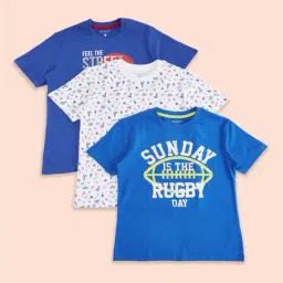 Pantaloons Junior Kids Blue & White Cotton Printed T-Shirt (Pack of 3)-image-12
