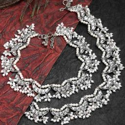 Karatcart Oxidized Silver Moon Shape Kundan Anklet for Women-image-51