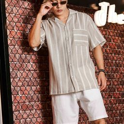 House of Koala Unisex Original Relaxed Fit Vertical Striped Linen Casual Shirt-image-52