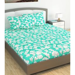 Divine Casa Floral Blend Cotton Double Bedsheet with 2 Pillow Covers - Aqua Green & White-28