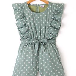 Kookie Kids Cotton Woven Sleeveless Jumpsuit with Polka Dots Print & Frill Detailing - Green-image-24