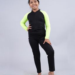 Kiddopanti Raglan Full Sleeves Solid Swimsuit - Black & Neon Green-image-51