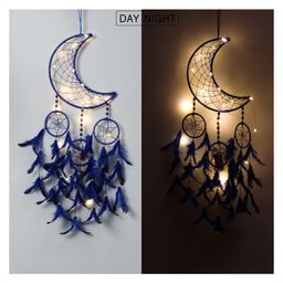 Duli Handmade Crescent Moon Dream catcher Hanging with Lights and Blue color Feathers for Home Decoration-image-17