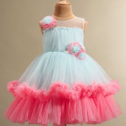 Rassha Sleeveless Floral Applique Detailed Party Wear Dress - Sky Blue & Pink-image-0