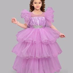 PinkChick Satin Ruffle Sleeves Pleated & Stone Embellished Layered Party Wear Gown - Lavender-image-97