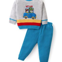 Babyhug Knitted Full Sleeves Pullover Sweater Set With Stripes & Dino Embroidery - Blue & Light Grey-image-57