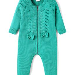 Babyhug Knit Full Raglan Sleeves Winter Wear Romper with Cable Knit Design & Bow Applique - Green-image-22