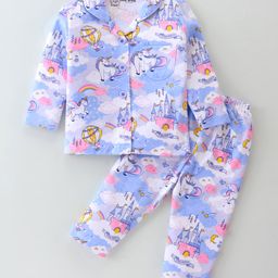 Little Darlings Cotton Knit Full Sleeves Night Suit Unicorn Print - Sky Blue-image-91