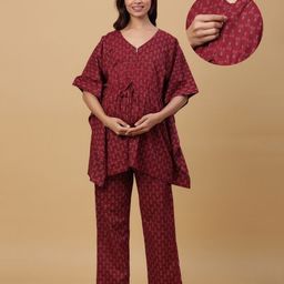 Ikk Kudi by Seerat Cotton Woven Three Fourth Batwing Sleeves Floral Motif Printed Kaftan Top With Zipper Nursing Access & Pant Set - Maroon-image-88