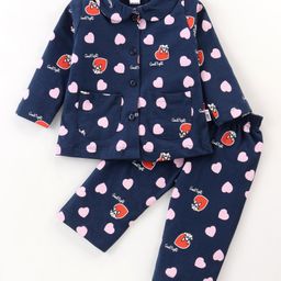 Teddy Sinker Knit Full Sleeves Shirt Style Night Suit with Hearts Print - Navy Blue-picture-38