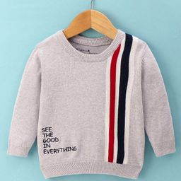 ToffyHouse 100% Cotton Flat Knit Full Sleeves Striped T-Shirt with Text Embroidery - Light Grey-image-39