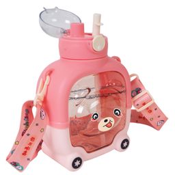 Koochie-Koo Push Button Open Two Way Drinking Sipper Water Bottle for Kids, Cute Water Bottle with Bear Face, Drinking Bottle with Adjustable Shoulder Straps and Stickers, 900 ml (Pack of 1, Pink)-2
