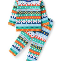 Babyhug Cotton Knit Full Sleeves Chevron Printed Night Suit - Turquoise Green & Orange-image-73