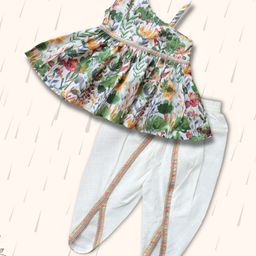 Peekaaboo Kids Pure Cotton Sleeveless Floral Printed & Lace Embellished Kurta Dhoti Set - Abstract Green-image-75