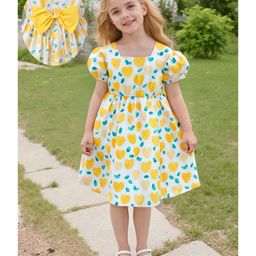 Mark & Mia Half Puffed Sleeves Frock with Heart Print & Bow Detailing at the Back - Yellow-image-59