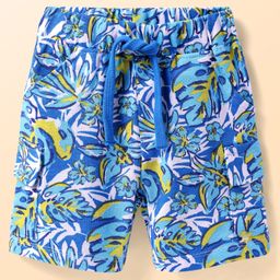 Babyhug Cotton Pique Knit Mid Thigh Shorts With Leaf Print - Blue-image-49
