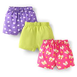 Babyhug Single Jersey Knit Mid Thigh Bow Applique Shorts with Heats & Bow Print Pack of 3 - Purple Neon Green & Dark Pink-image-71