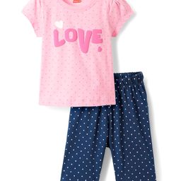 Babyhug Cotton Knit Half Sleeves Capri Night Suit With Polka Dots & Love Text Print - Mint & Pink-image-83