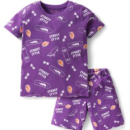Kookie Kids Single Jersey Knit Half Sleeves Shorts Co-ord Night Suit With Street Style Text Print - Purple-image-117