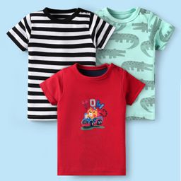 Kidi Wav Cotton Pack Of 3 Half Sleeves Striped & Vehicles Printed Tees - Multi Colour-image-60