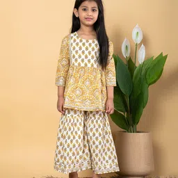 READIPRINT Cotton Three Fourth Sleeves Floral Printed Lace Embellished Kurta Sharara Set - Yellow-picture-37