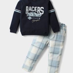 CUCUMBER Cotton Woven Full Sleeves T-Shirt & Pant With Text Print & Checks - Navy Blue-image-92