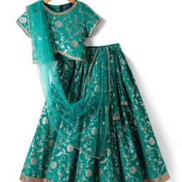 Pine Kids Woven Half Sleeves Choli Lehenga Set with Dupatta & Zari Detailing - Mint-picture-30