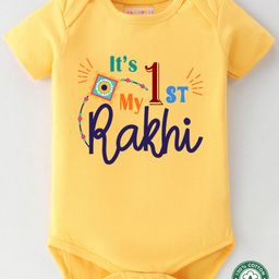 BLUSHES 100% Cotton Knit Raksha Bandhan Theme Half Sleeves Its My 1st Rakhi Text Printed Onesie - Yellow-image-76