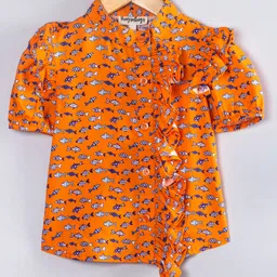 Hugsntugs Cotton Woven Half Puffed Sleeves Fish Printed Shirt Style Top - Orange-picture-10