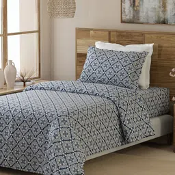 Layers Blue & White Ethnic Motifs 144 TC Single Bedsheet with 1 Pillow Covers-47