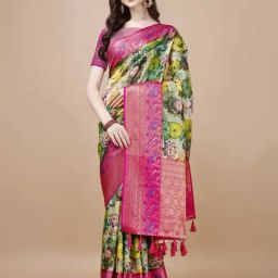 JUST FASHION Multicolored Silk Printed Saree With Unstitched Blouse-picture-3
