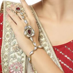Oomph Red Bridal Kundan & Pearls Hand Harness-47