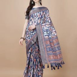 JUST FASHION Blue Silk Printed Saree With Unstitched Blouse-picture-41