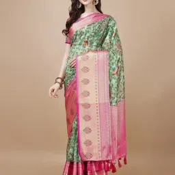 JUST FASHION Green & Pink Silk Printed Saree With Unstitched Blouse-picture-46