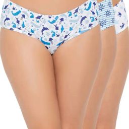 Clovia Blue & White Cotton Printed Hipster Panties - Pack Of 3-32
