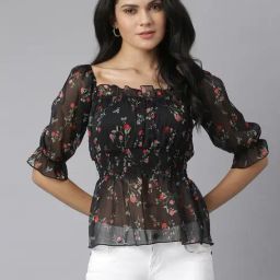 KASSUALLY Black Floral Print Peplum Top-9