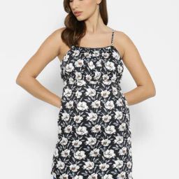Forever 21 Black & Off White Floral Print Regular Fit A Line Dress-image-1