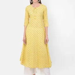 Span Yellow Cotton Printed A Line Kurta-image-27