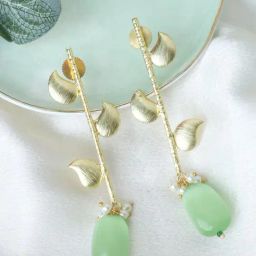 Johori Leaf Green & Golden Dangler Earrings-13