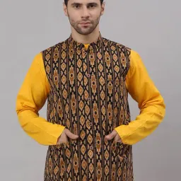 NEUDIS Black & Yellow Sleeveless Mandarin Collar Nehru Jacket-37