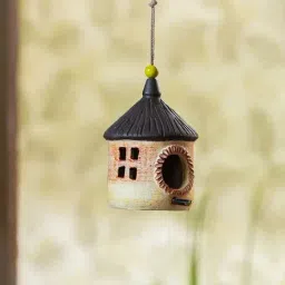 ExclusiveLane 'Village Cottage' Beige & Black Terracotta Hanging Bird House - Set of 1-image-3