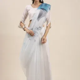 Blissta White & Sky Blue Printed Saree With Unstitched Blouse-picture-4