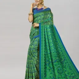 Satrani Green & Blue Printed Saree With Unstitched Blouse-image-46