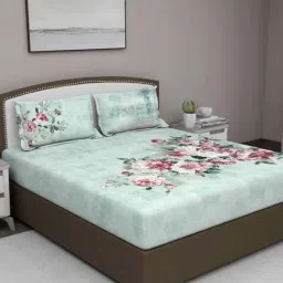 GM 'Citadel' Green & Pink Cotton 400 TC Double Bedsheet with 2 Pillow Covers-image-52
