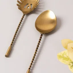 Nestroots Salad Serving Spoon Set with Long Handle Set of 2 for Dining Table Kitchen Serving Gold image 1